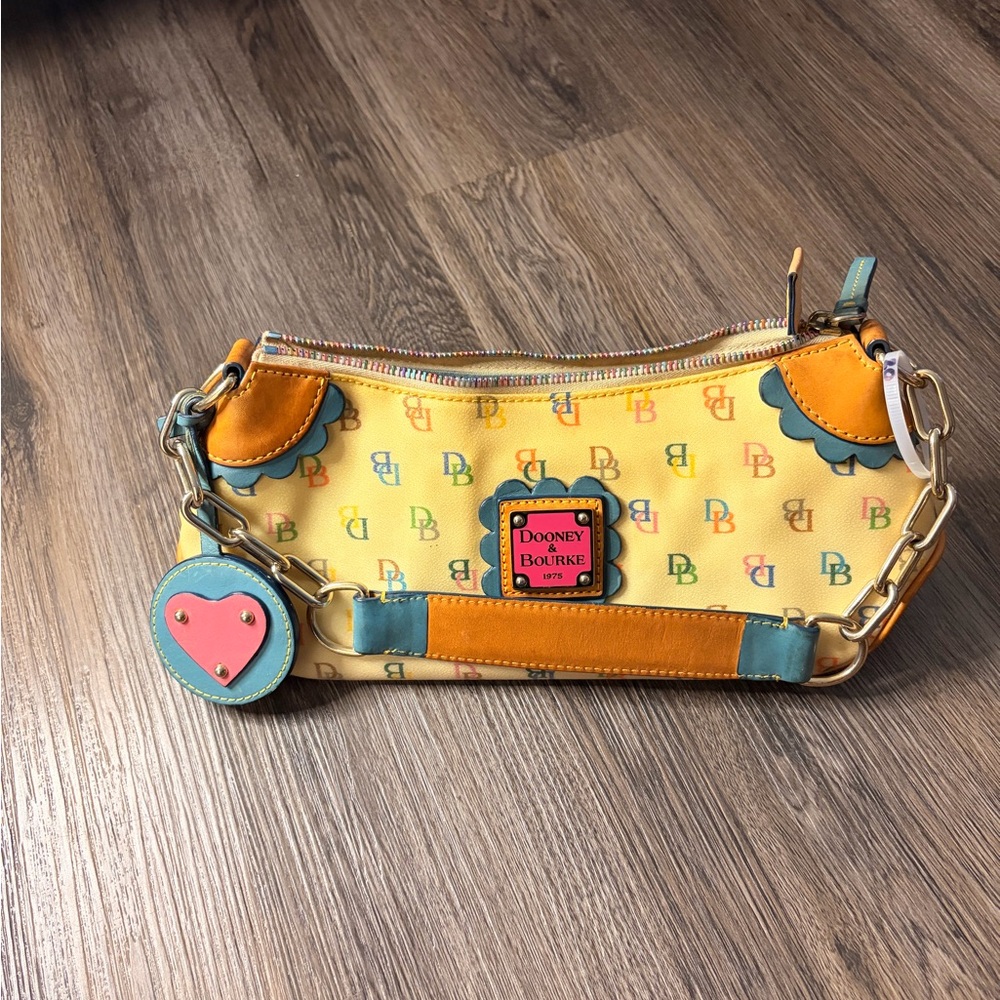 Dooney & Bourke Vintage Yellow Multicolor DB Logo Handbag with Teal Trim - Picture 11 of 16
